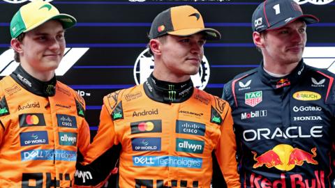 McLaren's Oscar Piastri, Lando Norris and Red Bull's Max Verstappen pose for pictures after qualifying for the 2025 Australian Grand Prix